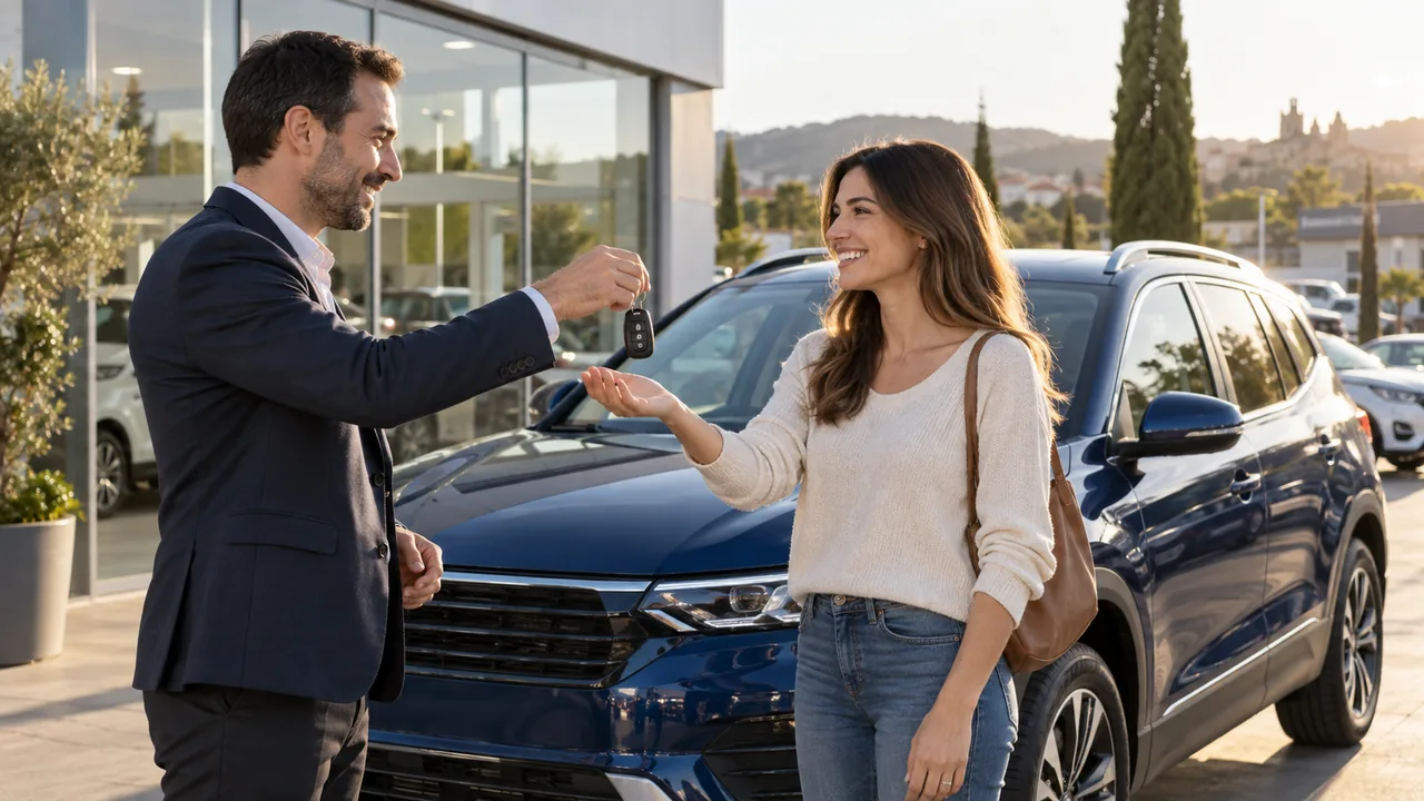 Escena ilustrativa: una compradora recibe las llaves de su coche de manos de un profesional