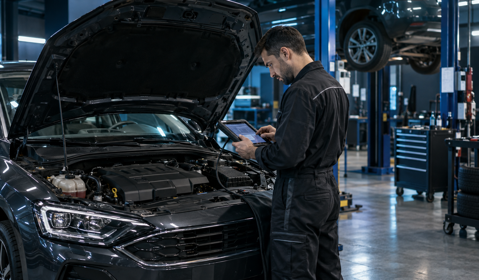 Mecánico revisando el motor de un coche en un taller